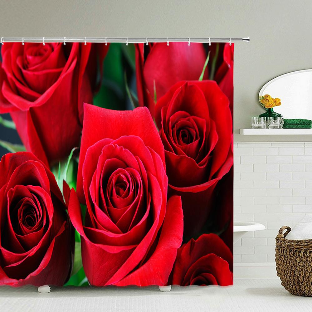 Love Red Rose Flowers Floral Shower Curtain Bathroom Curtains Waterproof Polyeste Fabric Bathtub Decor With Hooks 180X180cm