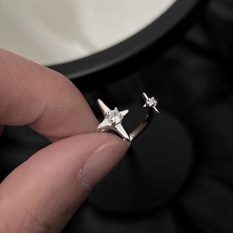 Sweet Cool Temperament Four-star Light Zircon Open Ring Cold Wind Simple Niche Design Rhinestones Ring for Women Girls