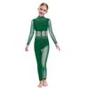 Girls Sheer Mesh Patchwork Full Body Leotard Mock Neck Long Sleeve Keyhole Back Sparkly Rhinestones Jumpsuit