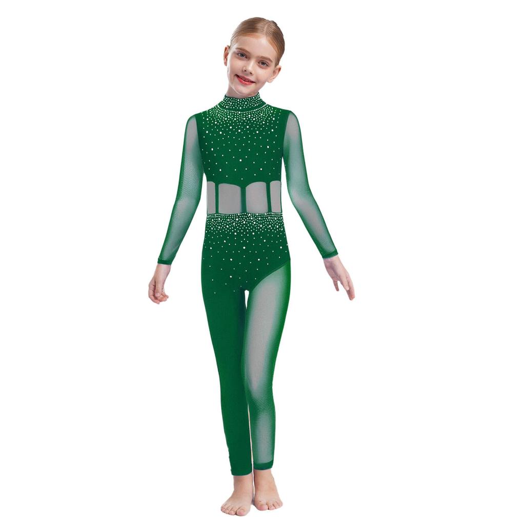 Girls Sheer Mesh Patchwork Full Body Leotard Mock Neck Long Sleeve Keyhole Back Sparkly Rhinestones Jumpsuit