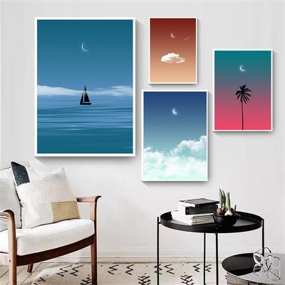 Nordic Art Serenity Sunset Moonrise Sailboat Moon Posters Canvas Painting Nature Landscape Wall Picture Living Room Home Decor