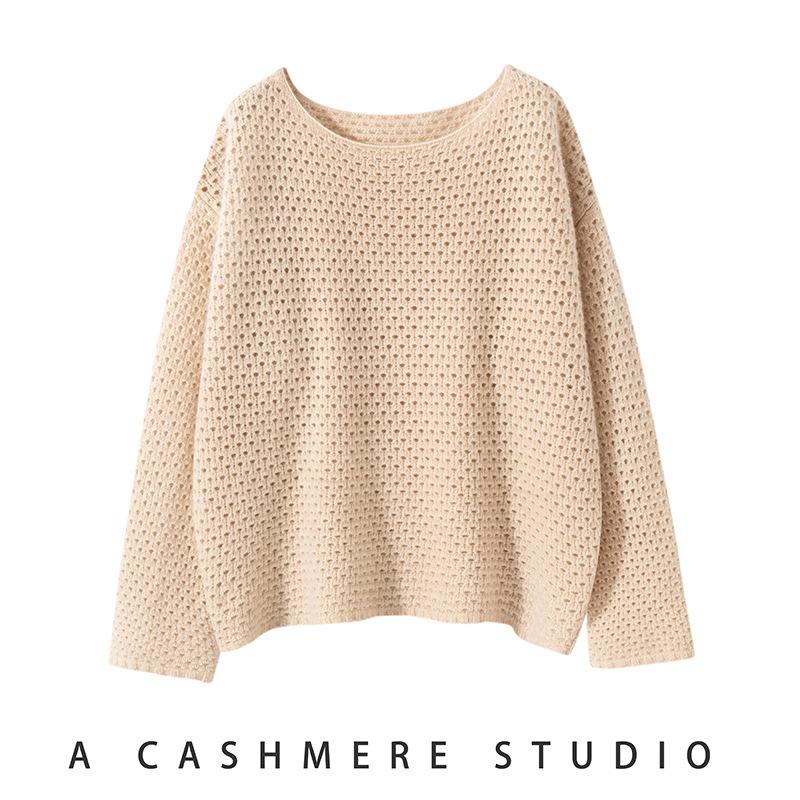 Solid Color Cashmere Hollowed-Out Retro Round Neck Long Sleeve Sweater - Autumn Winter Versatile Loose Knitwear