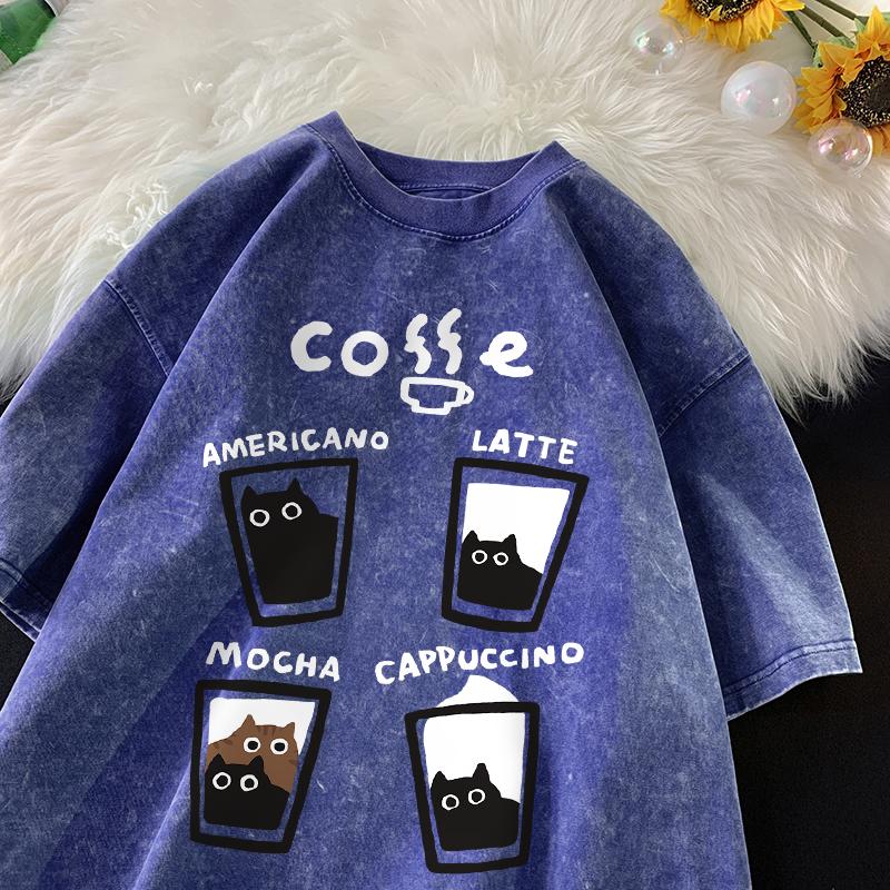 American Retro Trendy Cat Cotton T-shirt Men Women Summer Loose Couple Short Sleeve Tops Vintage Water Washing Tee