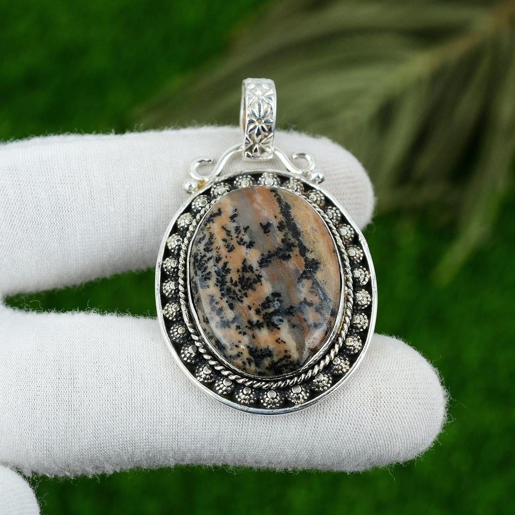 925 Silver Natural Honey Dendrite Opal Daughter Birthday Bezel Pendant Jewelry