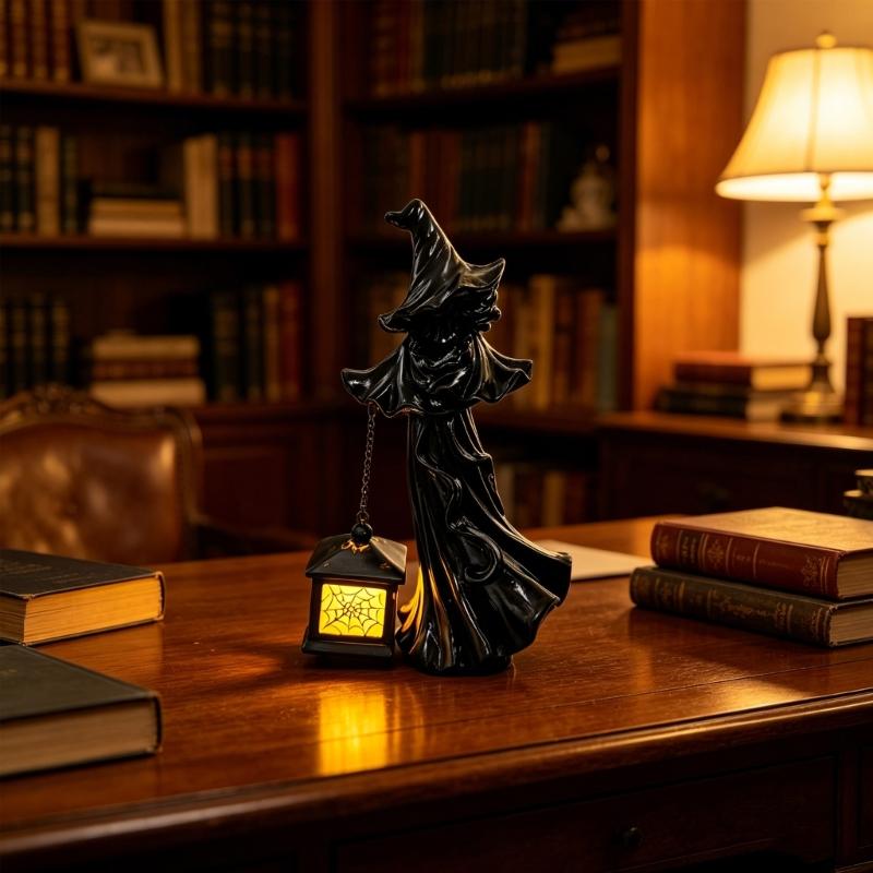 Witches Lamp Gothics Decors,Witches Table Lamp with LED Lantern,Unique Night Lights for Bedroom Desk Halloween Home Decors