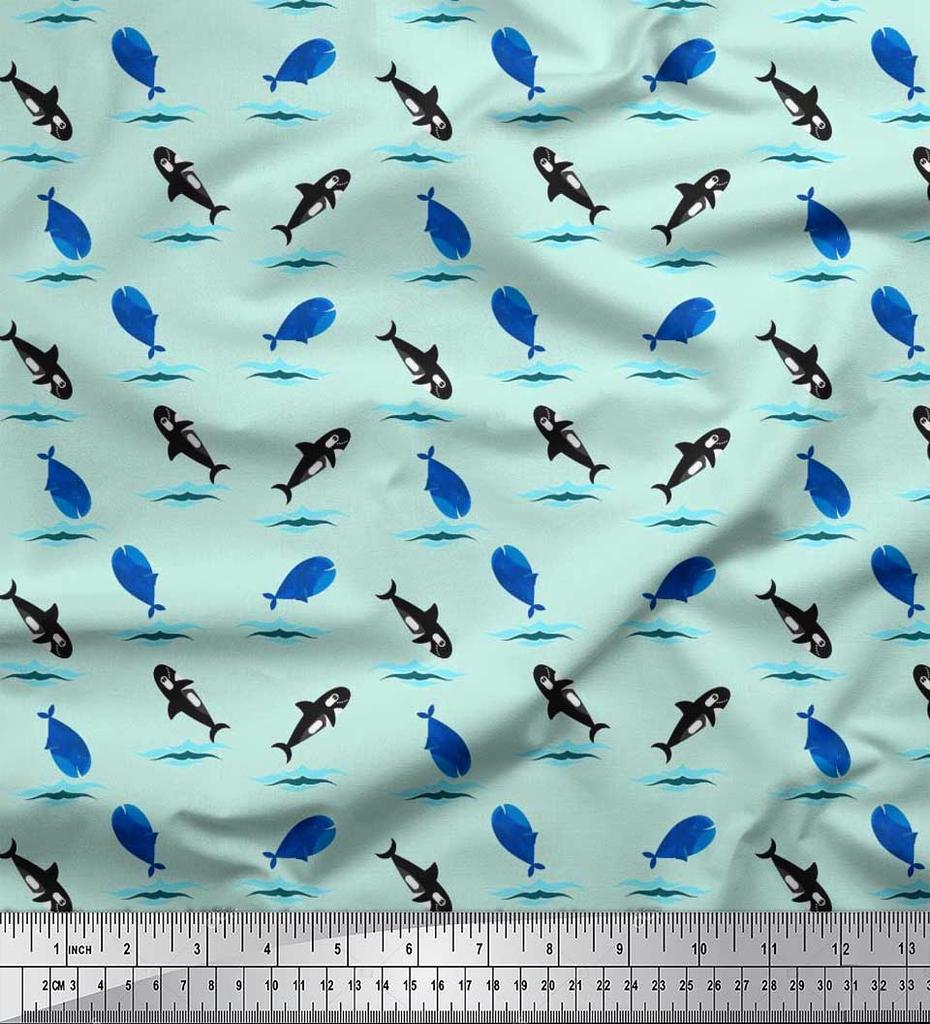 Soimoi Japan Crepe Satin Fabric Waves,Whale & Dolphin Ocean Decor Fabric Printed metre 42 Inch