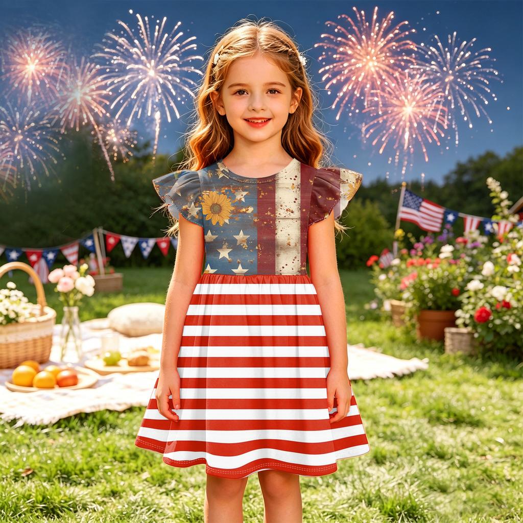 Girls' Summer Princess Dress - A-Line T-Shirt Dress Independence Day