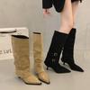 2025 New Two-wear Pointed-toed Thin-heeled High Boots Women's Suede Folds Piled Up But Knee Belt Buckle Boots