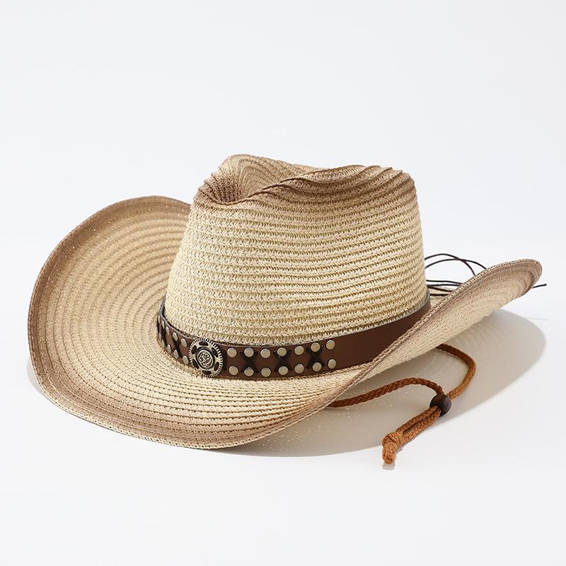 Straw western cowboy hat women's summer seaside sunshade sun protection hat retro casual UV protection straw hat women
