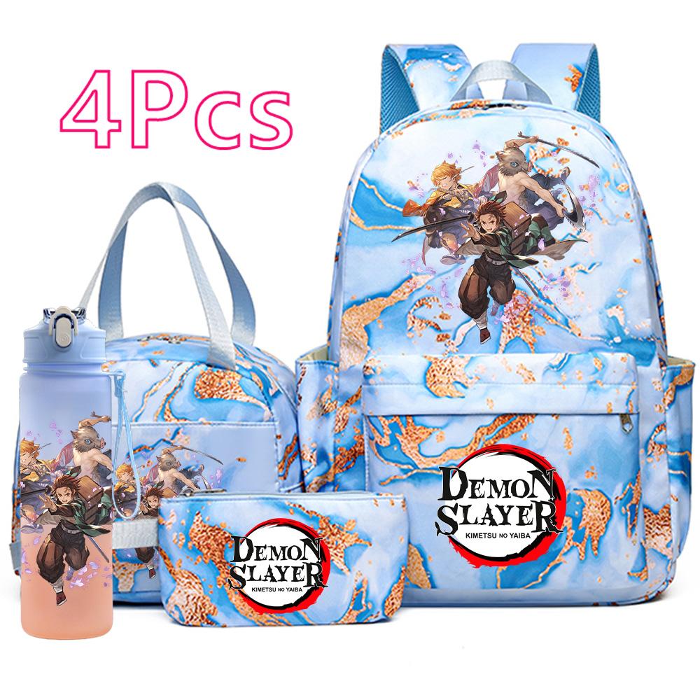 4 Pièces/ensemble Anime Demon Slayer Sac à Dos Imprimé Sac à Main Trousse à Crayons avec Bouteille d'Eau 750ml pour Adolescent Garçon Fille Grande Capacité Sac d'École Imperméable