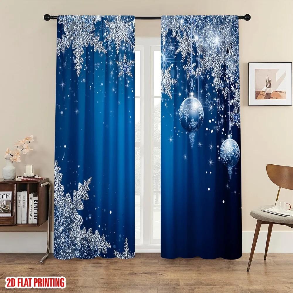 

Sparkling Snowflake Curtain Blueout Drapes Fabric Window Decor Christmas Holiday Home Set Of 2 Made Polyester With Rod Pocket Washable W100*H70(CM)-Grommet top&1PCS
