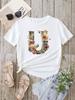 Custom Name Letter Combination Fashion Women T-shirt Floral Letter Font A B C D E F G Short Sleeve Tops White T-shirt