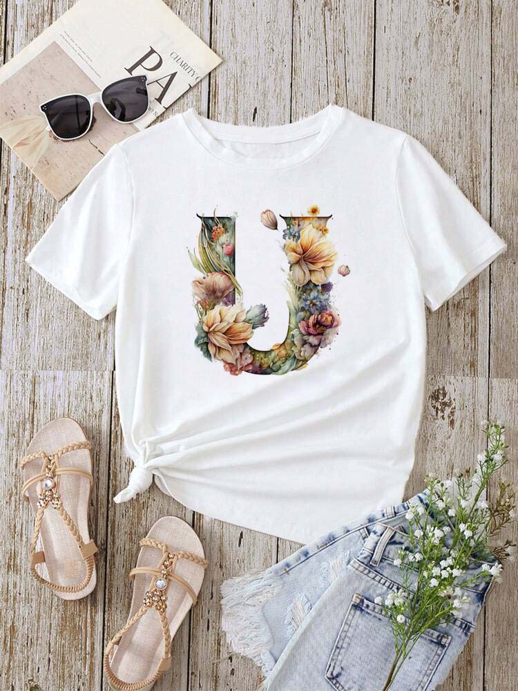 Custom Name Letter Combination Fashion Women T-shirt Floral Letter Font A B C D E F G Short Sleeve Tops White T-shirt