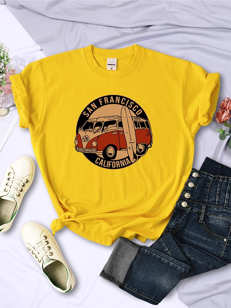 San Francisco California Vintage School Bus T-Shirts Women Street Hip Hop Short Sleeves Summer Breathable Tshirt Soft Casual Tee