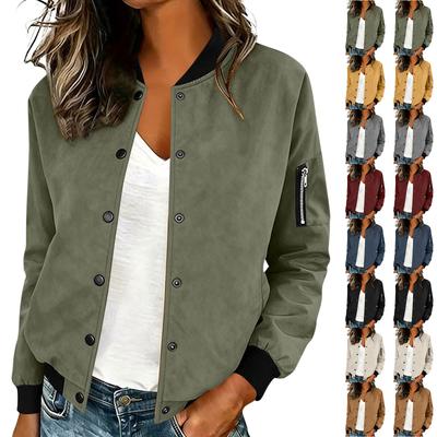Women's Casual Suede Button Front Jacket Lightweight Bomber Style Long Sleeve Snap Closure Outerwear