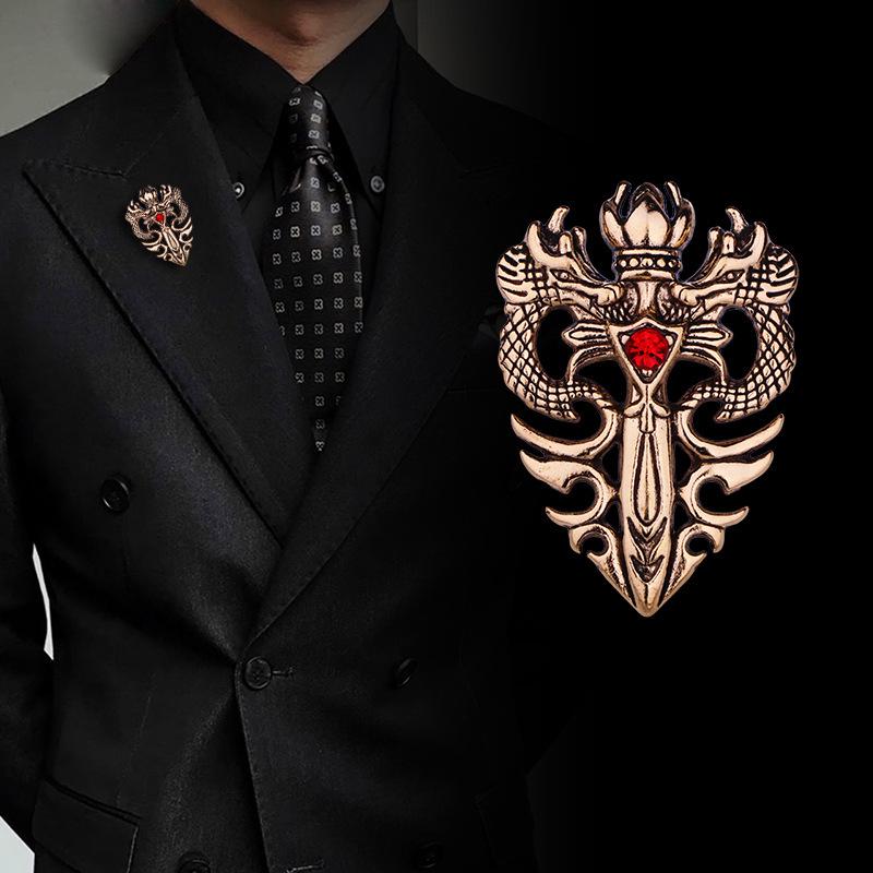 Retro Double Dragon Jewel Sword Brooch - Men's Punk Style Pin for Suits & Coats