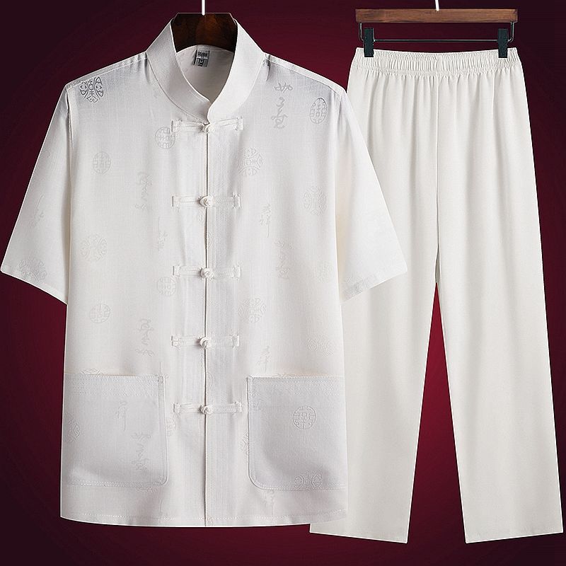 

Костюм Тан, мужской повседневный костюм с короткими рукавами, летняя одежда для пап, людей среднего и пожилого возраста, летняя мужская одежда для дедушек в китайском стиле Ханьфу L белый