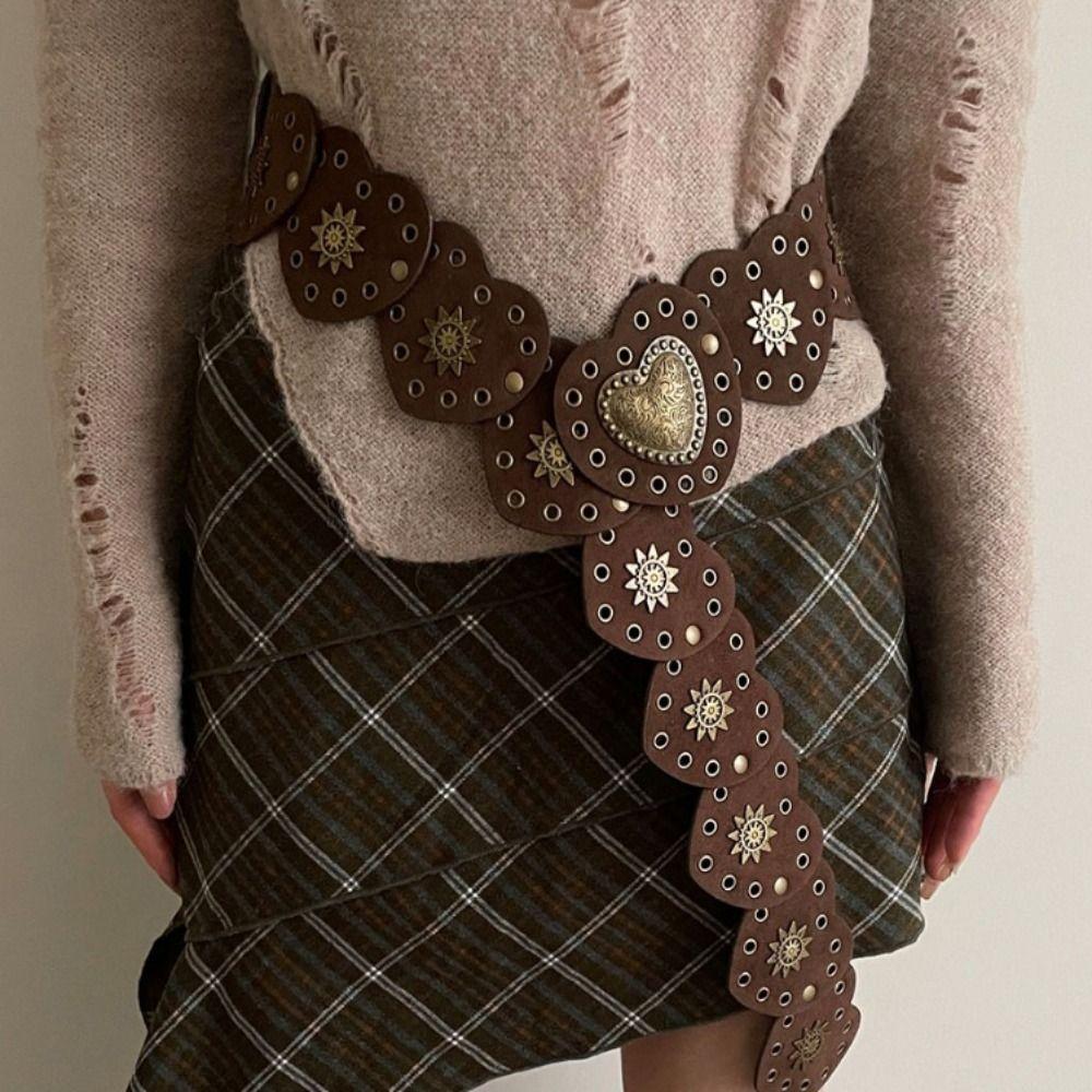 Wide Heart Belts Metal Cowboy Waistband Personality Metal Rivet Belts  Waist Accessories