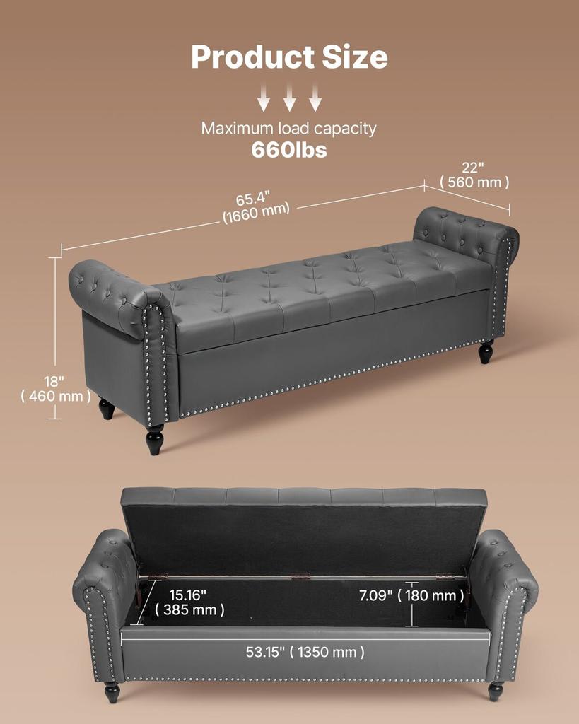 Button-Tufted Storage Ottoman Bench, Rolled Arm PU Leather Bench with Solid Wood Legs, Modern Shoe Benches Seat for Entryway, Upholstered End of Bed