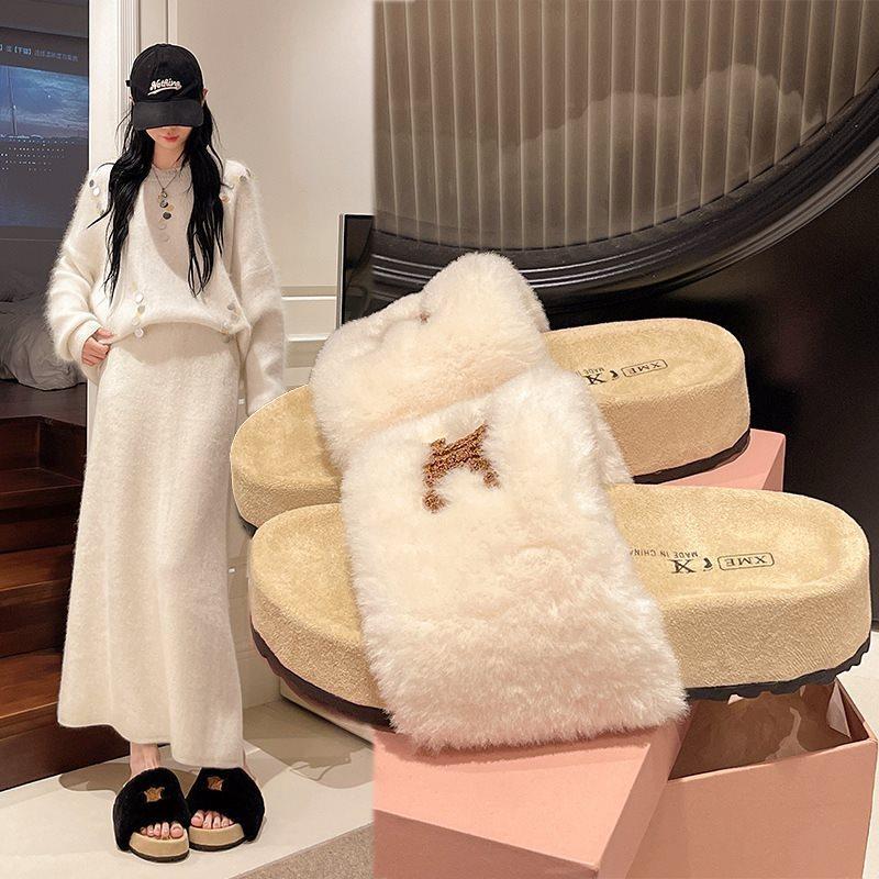 Fashion slippers women's non-slip thick bottom new one-word cotton slippers women's cloth 2025 Mao Mao keeps warm and increases height in autumn