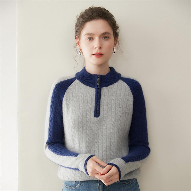 Half-Zip Color-Block Cashmere Women's Knit Sweater - Loose, Slimming, Soft, and Skin-Friendly Fashion Sweater