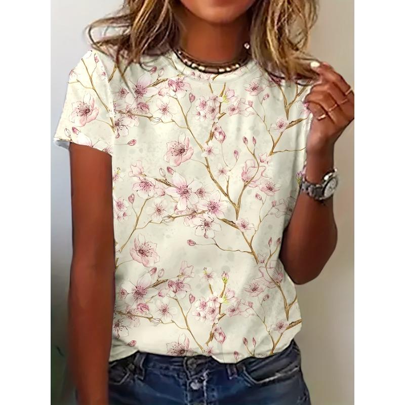 Fashionable and creative new flower print women s round neck short-sleeved T-shirt tops S