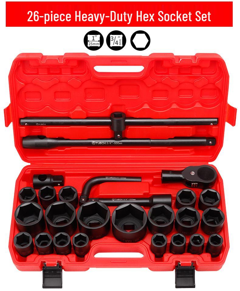 Heavy Duty 26-Piece Socket Set with 1-Inch Air Impact Wrench and 21-65mm Hex Sockets