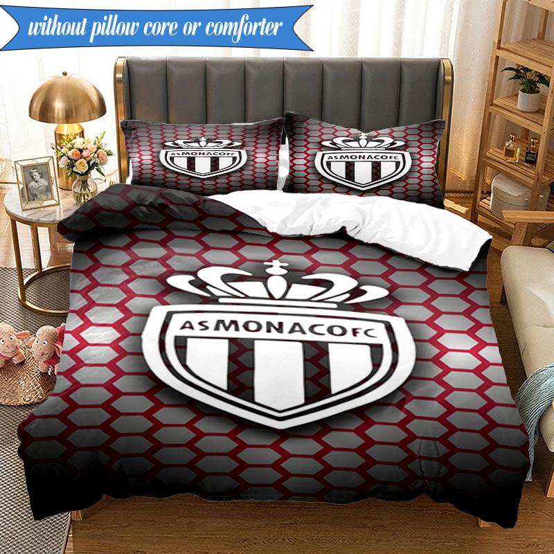 3PCS Monaco Football Club Printed Soft Bedding Set,Including 1pc Duvet Cover And 2pcs Pillowcases Perfect for Bedroom, Dormitory, Fan Gift