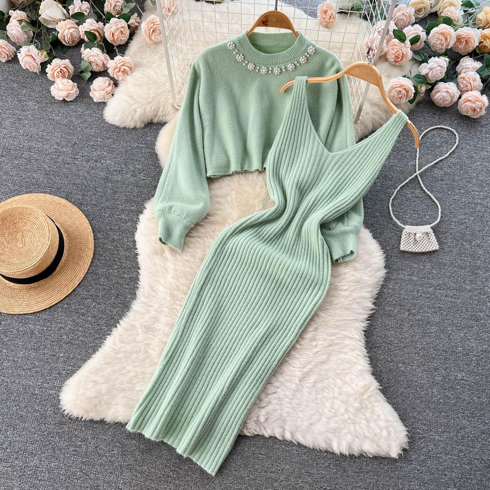 New Autumn Fashion Knitted 2 Piece Set Women Breading Long Sleeve Pearl Top+Knitted Camis Dress Female Sweater Suits 2026 Korea