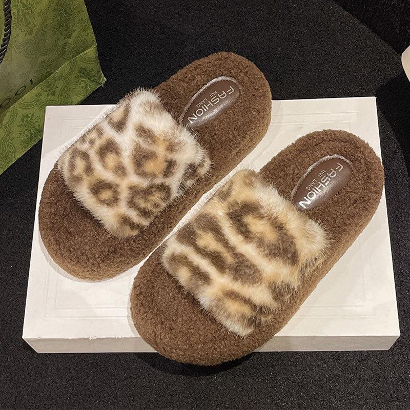 High Sense Leopard Print Fluffy Slippers Women 2025 Autumn and Winter New Small High Heels Fleece Explosion Internet Celebrity Cotton Drag Women