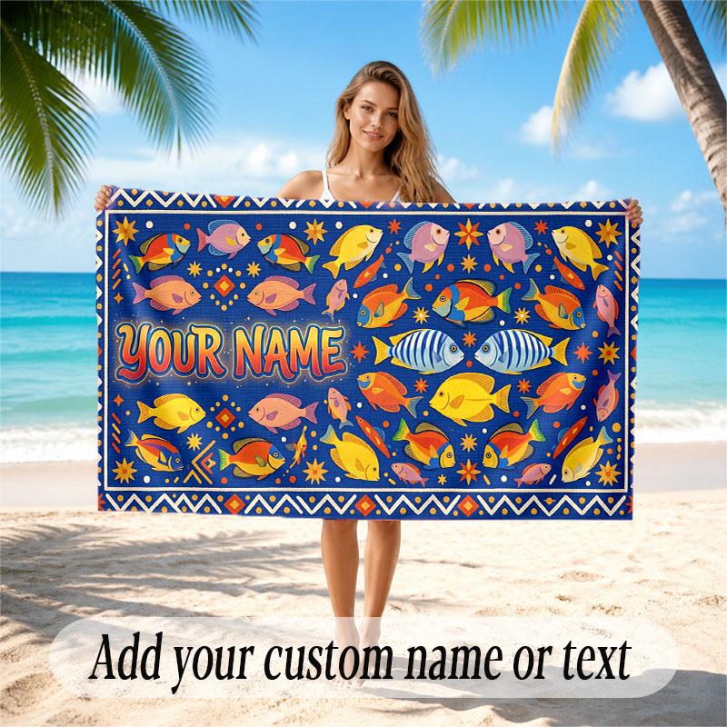 Fish Ocean Theme Beach Towel Personalized Custom Name & Text Soft Quick Dry Beach Towel for Swimming Travel