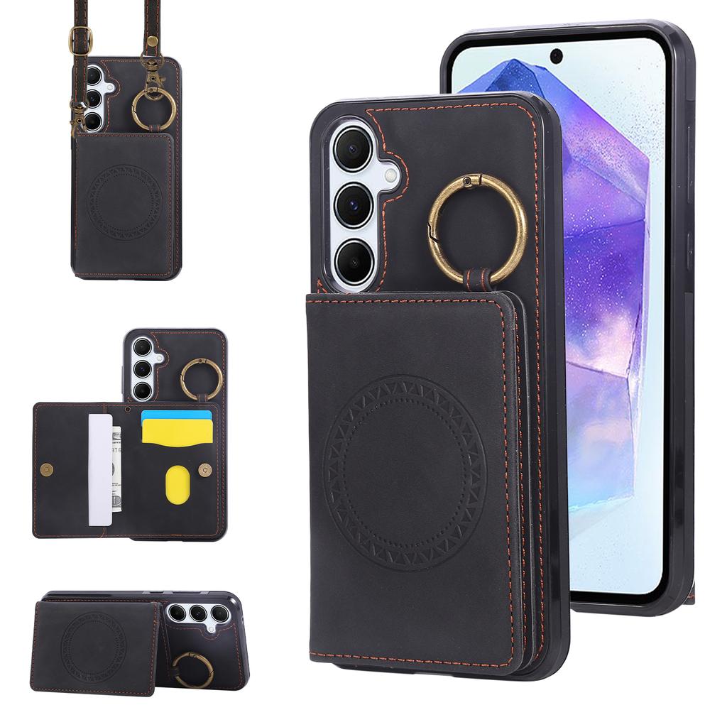 Custodia a Tracolla con Porta Carte e Anello in Pelle per Samsung Galaxy S25 Ultra S24 Plus S23 S22 A16 A26 A36 A56 5G Magnetica