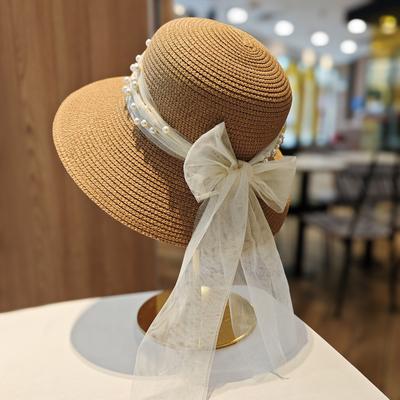 Chapéu de Palha com Laço de Renda Francesa e Pérolas para Mulheres, Verão, Aba Larga Mostrando o Rosto, Chapéu de Pescador, Proteção Solar, Respirável