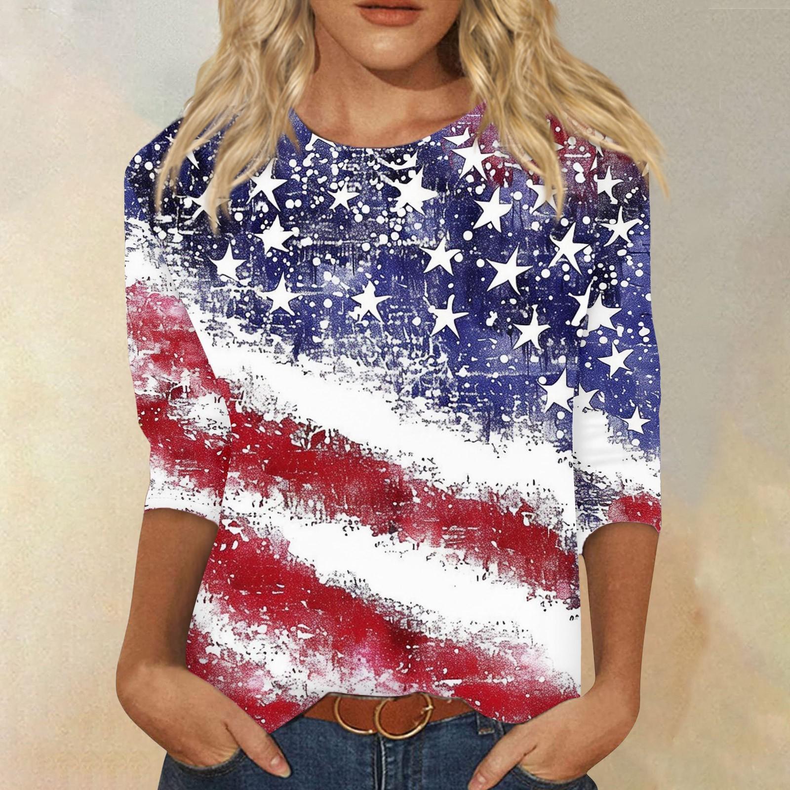

Женский модный повседневный топ с круглым вырезом с рукавом три четверти и принтом ко Дню независимости XL белый