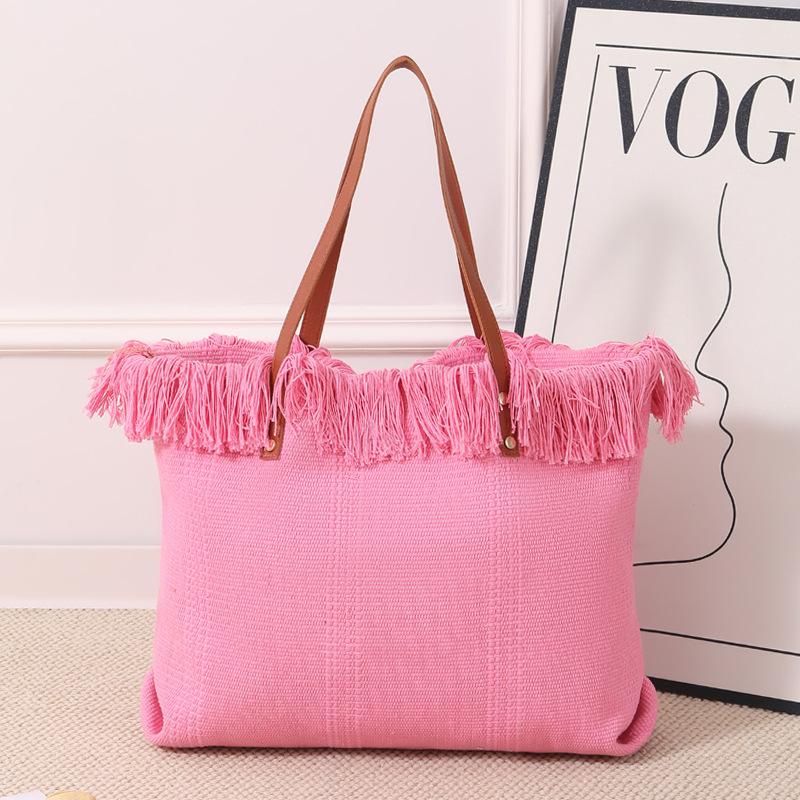 Tassel Tote Bag Large Capacity Simple Portable Shoulder Canvas Bag Student Commuter Woven Beach Bag