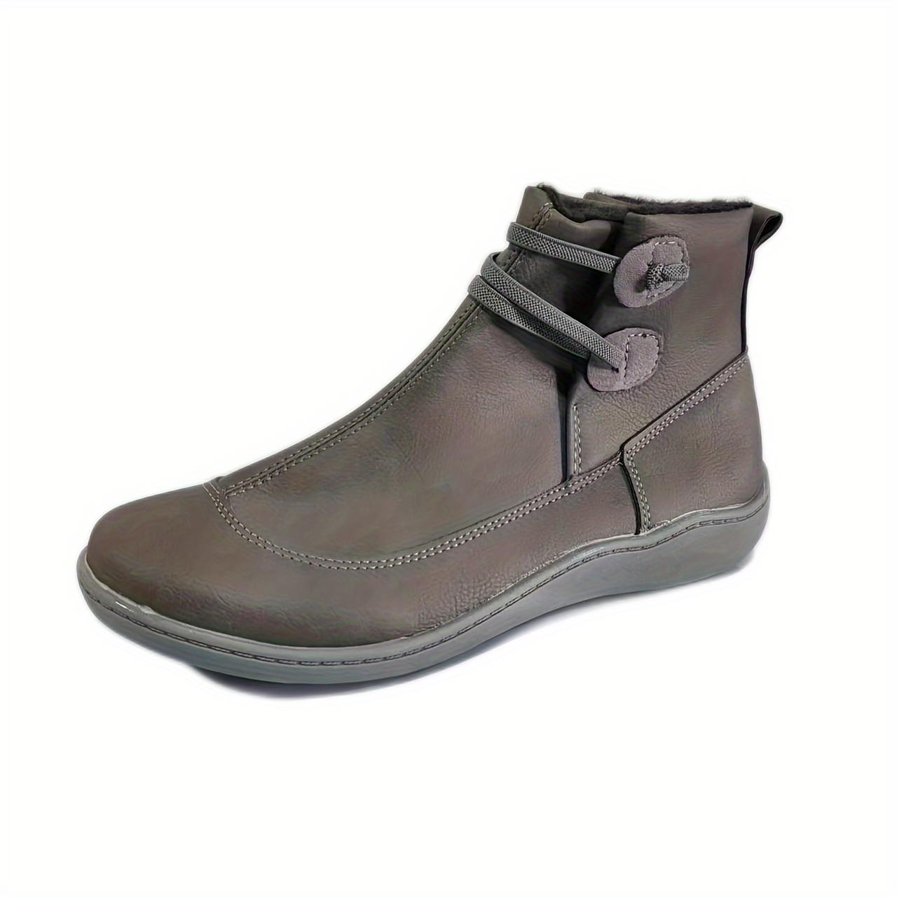 

(Нет флиса)Осенне-зимние женские ботильоны в стиле ретро, ​​однотонные ботинки без шнуровки на плоской подошве из искусственной кожи, женская обувь 40 темно-серого