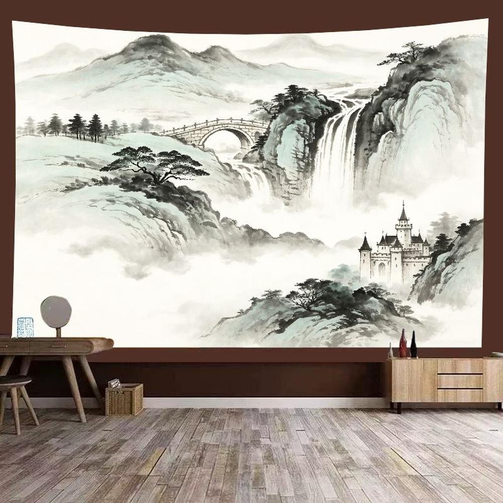 VIKAMA Japanese Ink Painting Tapestry, Zen Waterfall Mountain Path Oriental Wall Art