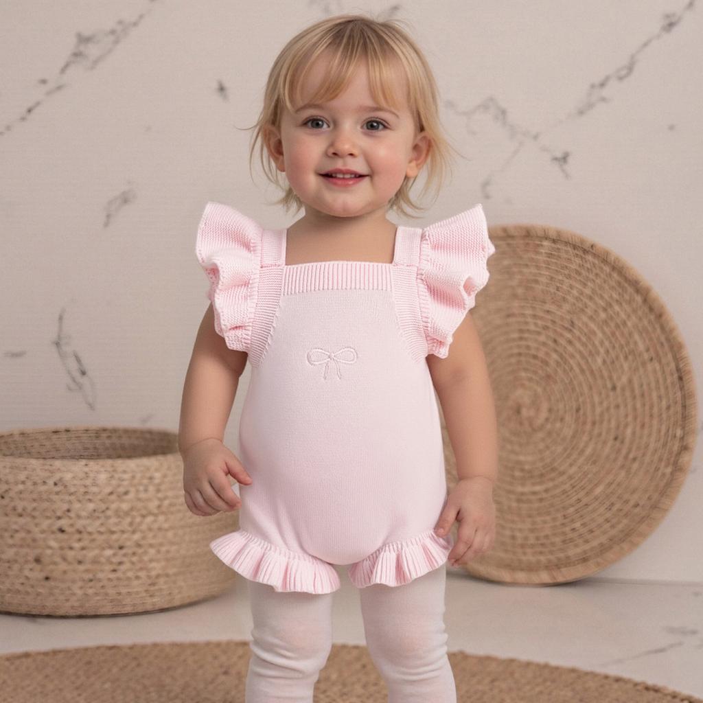 Baby Girls Ruffle Knit Romper Fashionable Bow Embroidery Flying Sleeve Jumpsuits