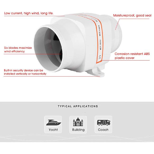 Aramox Marine Bilge Air Blower, 4inches In-Line Bilge DC Air Blower Engine Ventilation Fan White for Yacht RV (24V)