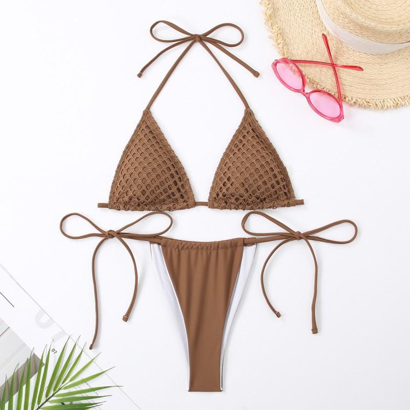 Split Bikini Swimsuit Women Lace Tight Sexy Hanging Neck Fashionable Solid Color