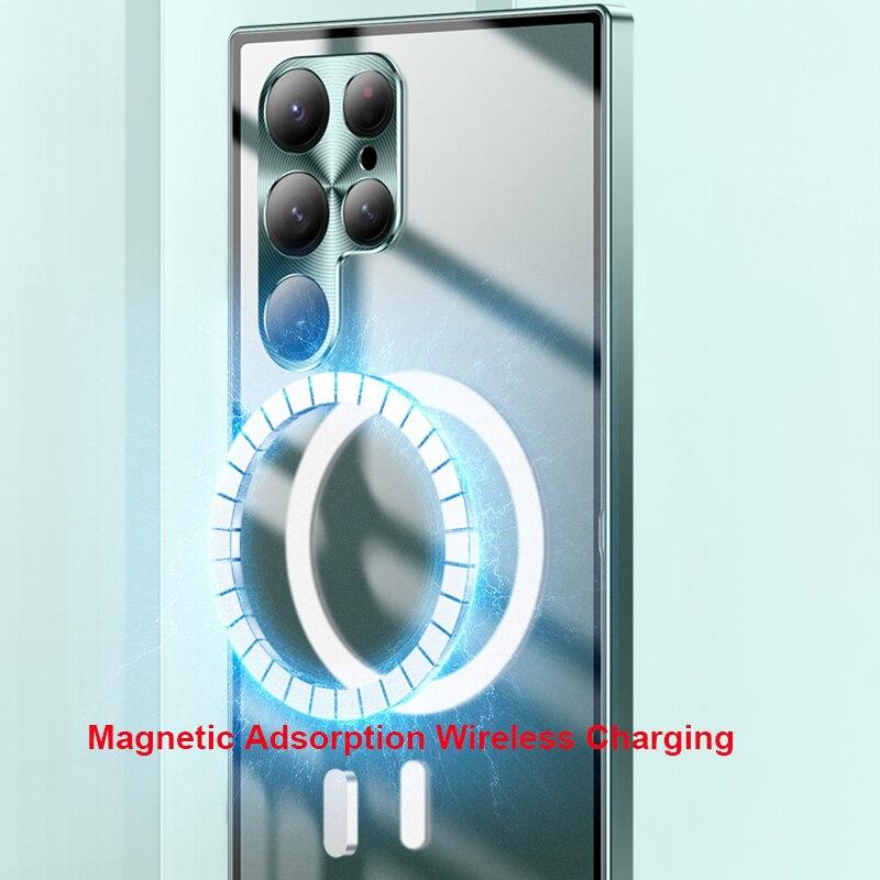 Magnetické bezdrátové nabíjení kovové pouzdro pro Samsung S24 S23 S22 Ultra S21 S20 FE/iphone 15 14 13 12 11 Pro max Hliníkový rám nárazníku Transparentní kryt
