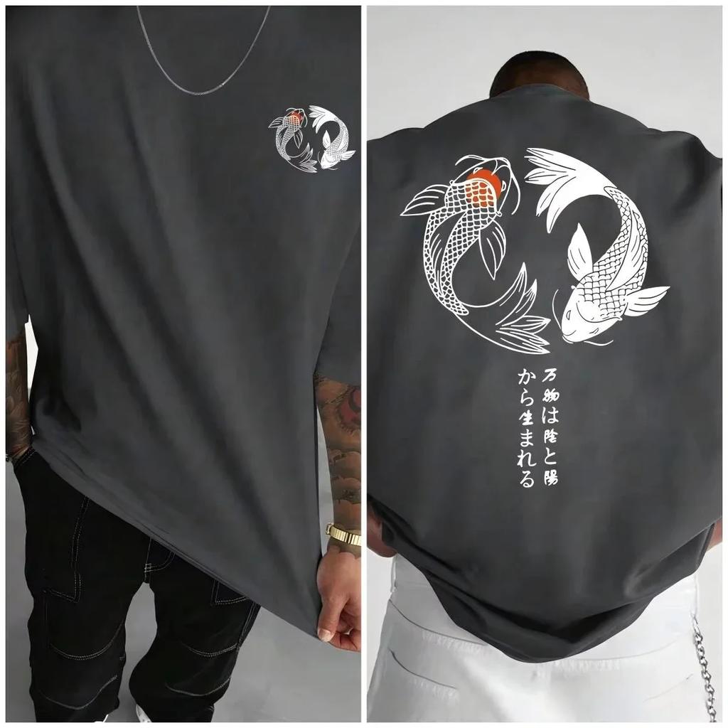 Harajuku Japanese Koi Fish Illustration Pattern T-shirt for Men Summer Casual Fashionable Short-sleeved Relaxed Sportswear