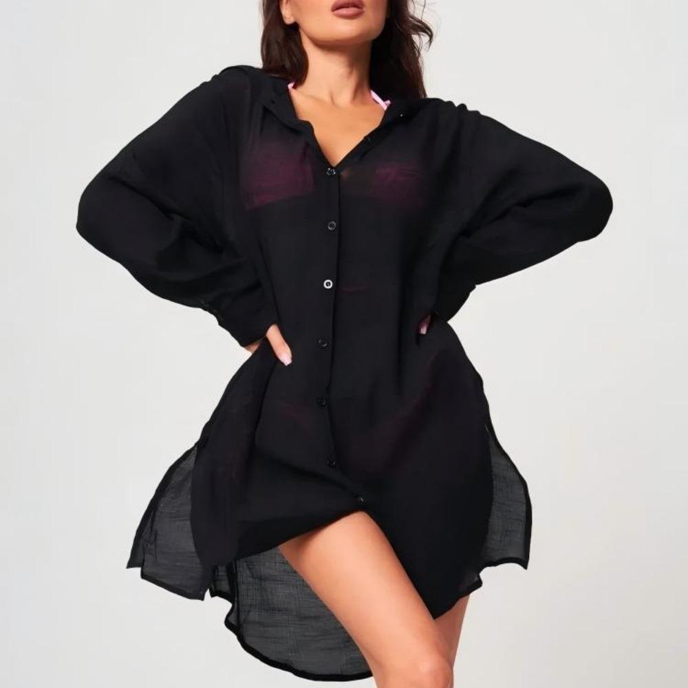 

Oversized Beach Bikini Cover-up Solid Color Shirt Dress Button Down Tunic Dress Vacation Outfit чорний