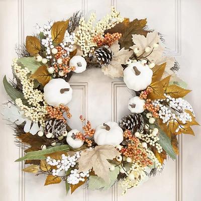 New Thanksgiving Cotton Maple Leaf Pine Cone Wreath with Berry White Maple Leaf Pumpkin Decoration Wall Hanging Door Garland