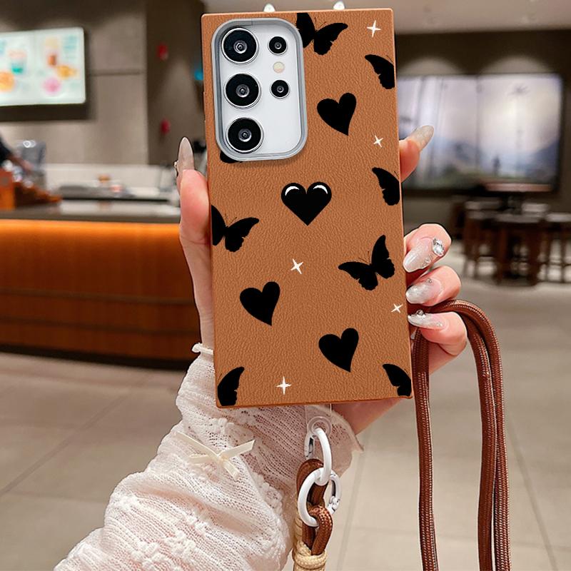 Love Heart Butterfly Print Stoßfeste weiche Handyhülle für Samsung S25 Ultra S24 FE S23 S22 S21 A16 A55 A56 A15 A36 Crossbody Rope Matte TPU Slim Cover