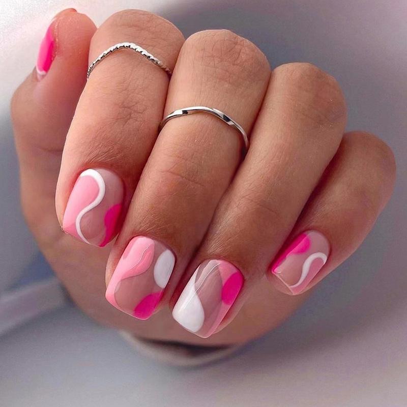 European & American Short Wave Nail Art: Pink, White, Rose Red with Irregular Curves - Versatile Wearable Tips