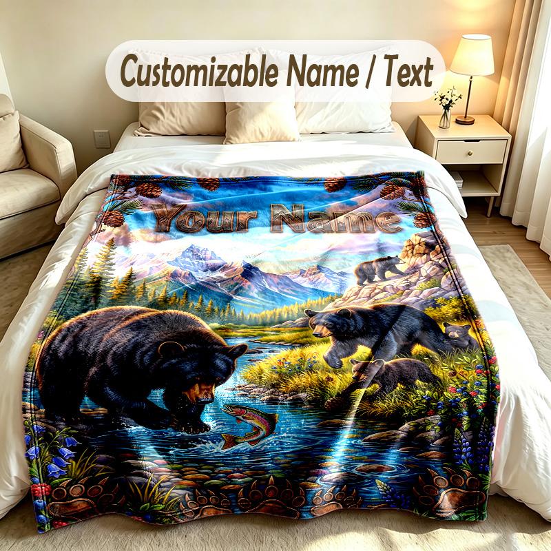 Teddy Bear Theme Custom Blanket Personalized Name & Text Customized Soft Warm Throw Blanket Home Decor