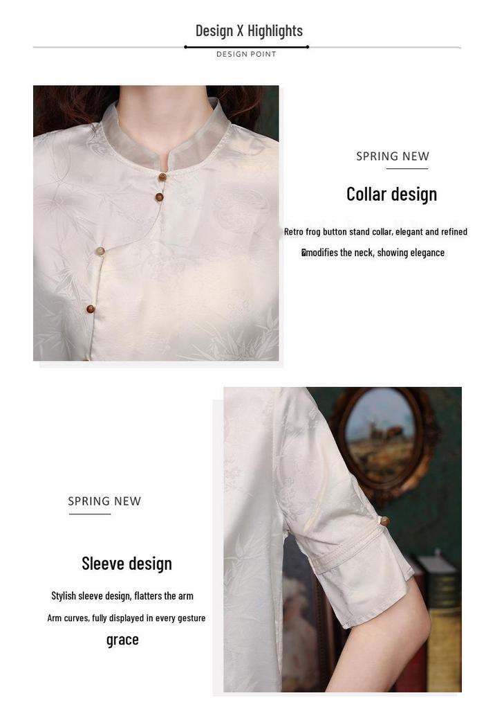 2026 Women's New Chinese Style Stand Collar Jacquard Shirt - Versatile Dark Floral Retro Chiffon Design