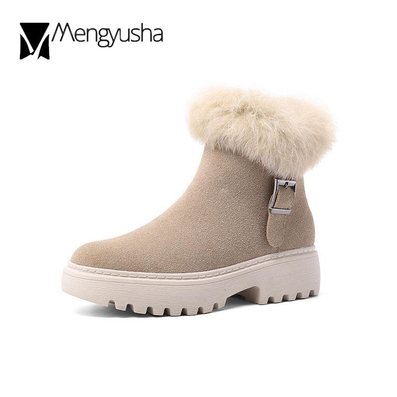 Fashion Winter Snow boots women luxury rabbit fur short botas nubuck flock ins cotton shoes plush furry botte femme 40-43 plus size