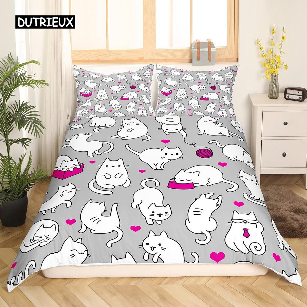 White Cat Flower King Queen Duvet Cover Kitten Bedding Set Pet Animal Polyester Quilt Cover Girls Pink Floral Comforter Cover